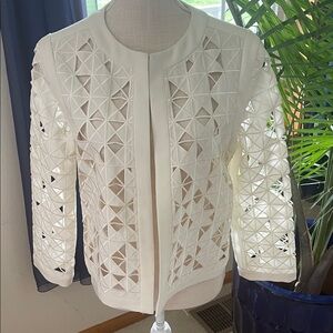 Women's White Laser-Cut Open Front Blazer Jacket